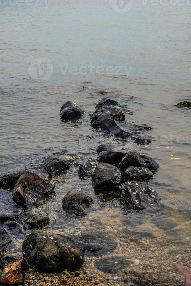 rocks on the edge of the sea to break the waves. photo