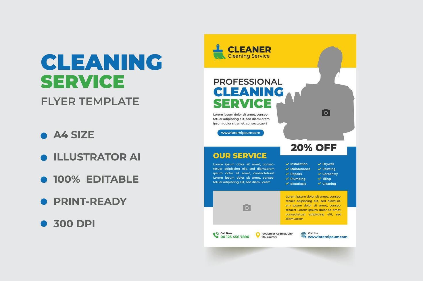 Professional cleaning service print flyer and poster editable template, Home Maid service, cleaning leaflet, pamphlet suitable for housekeeper business promotional marketing flyer design vector