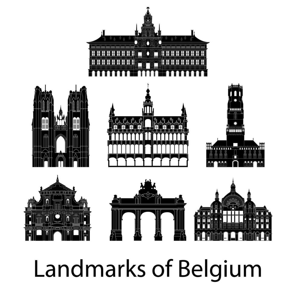 conjunto de Bélgica famoso punto de referencia silueta estilo vector