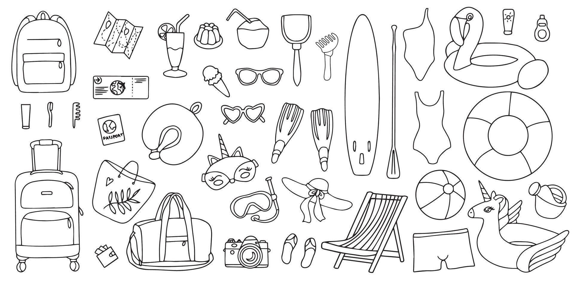 Hand drawn set of summer holiday elements, luggage, swimwear and beach accessories. Travel element drawn in doodle style. Illustration for banner, background, badge, logo design. vector