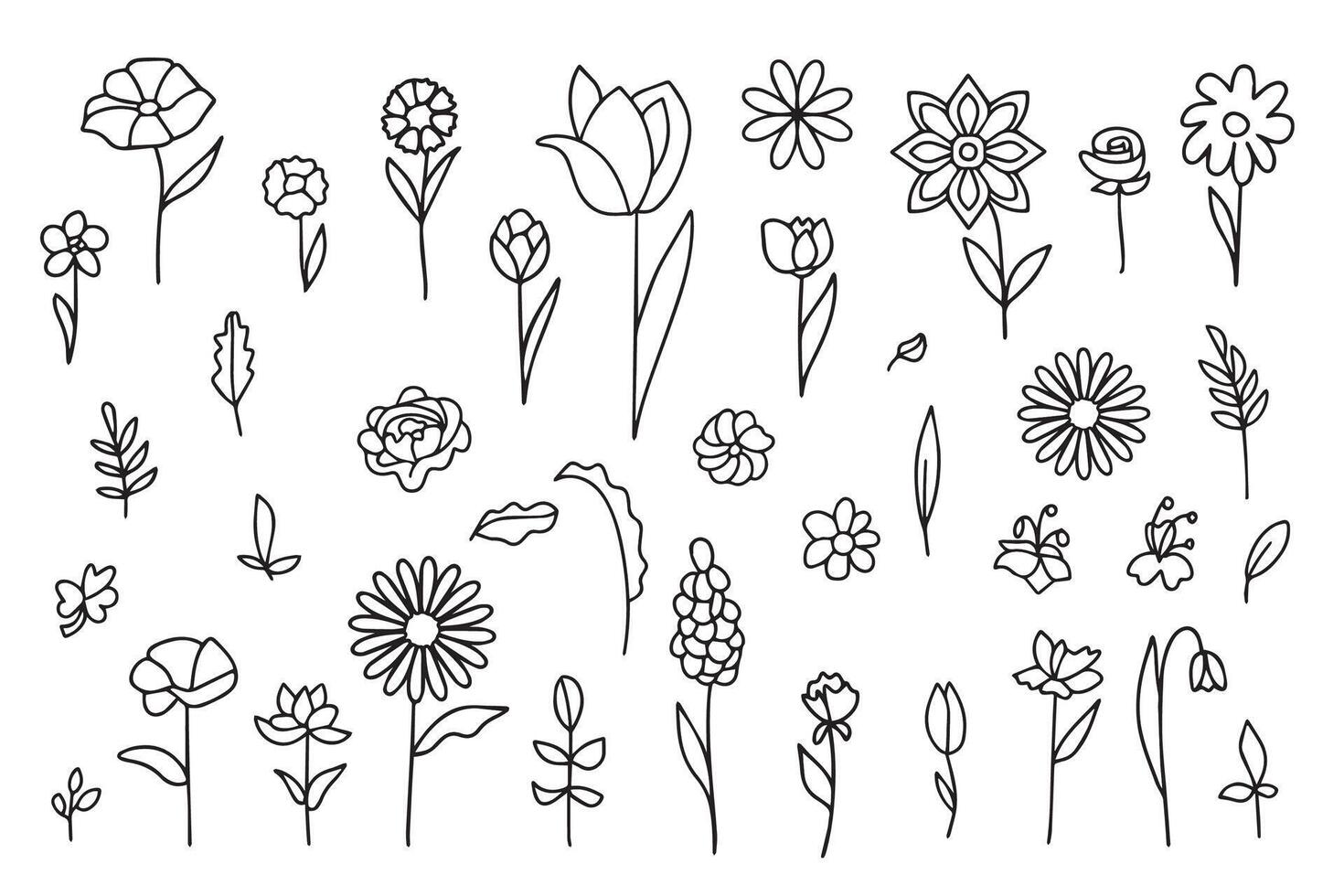 Set of simple flower and plant elements in doodle style. Stylized flowers, plant branches, leaves. Hand drawn simple icons. Symbol of gardening, the arrival of spring, summer. vector