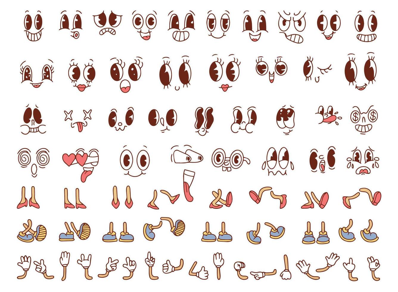 Vintage cartoon hands in gloves and feet in shoes.Comic hand gestures and walking legs set. Cute animated characters body parts. vector