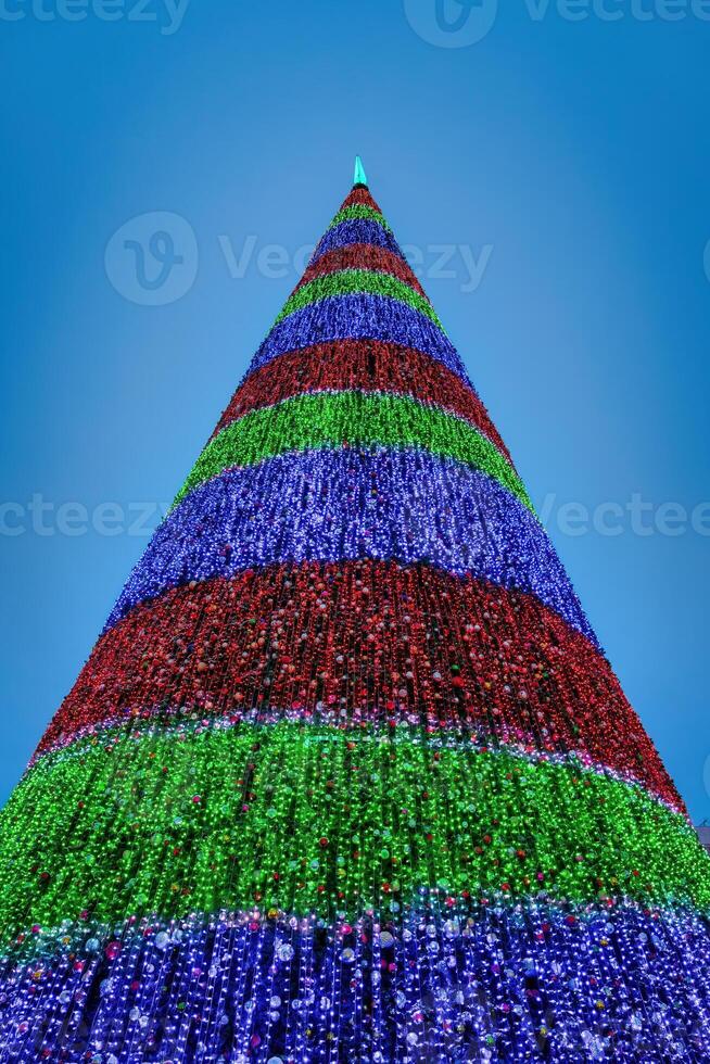 Artificial Christmas tree in garlands at twilight. photo