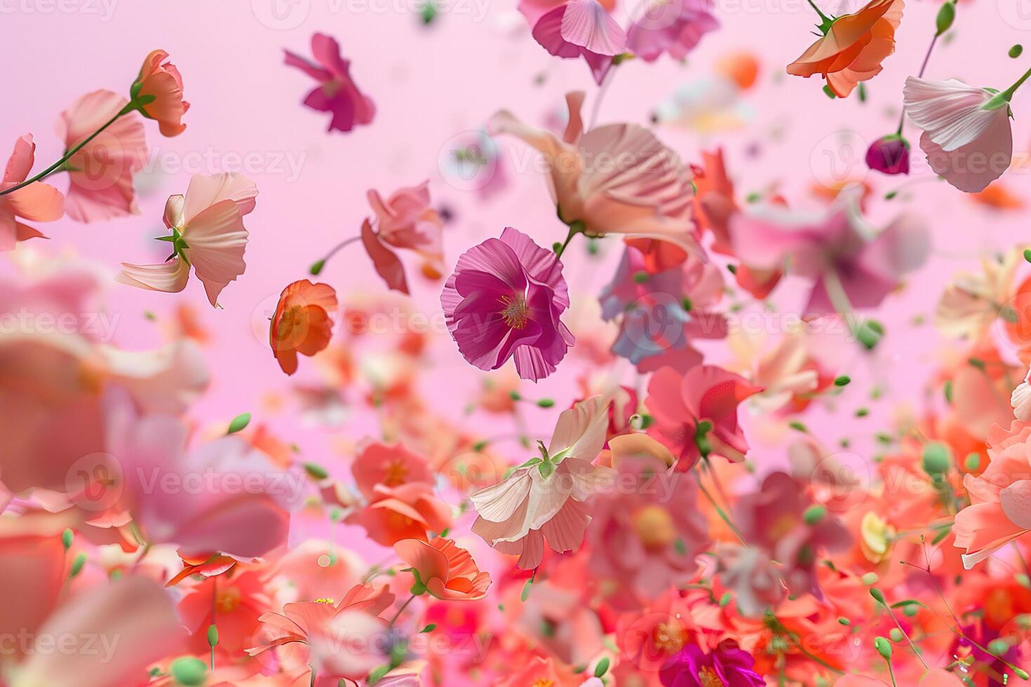 Abstract explosion of many colorful flowers and petals on a uniform background. photo