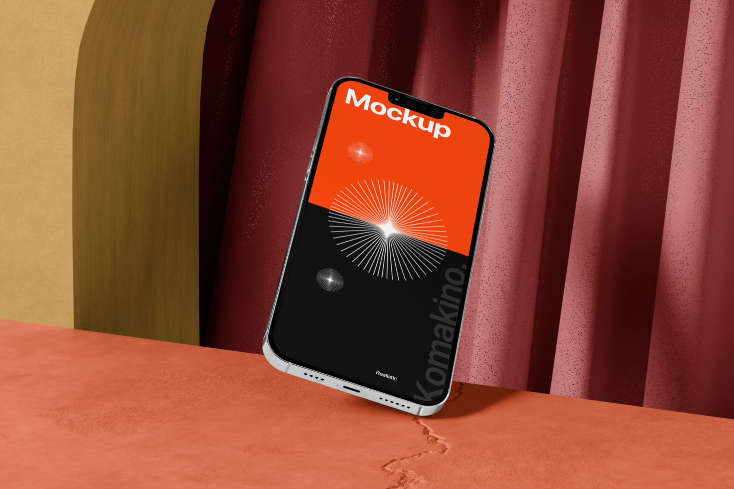 Mobile mockup with wall and curtains background psd