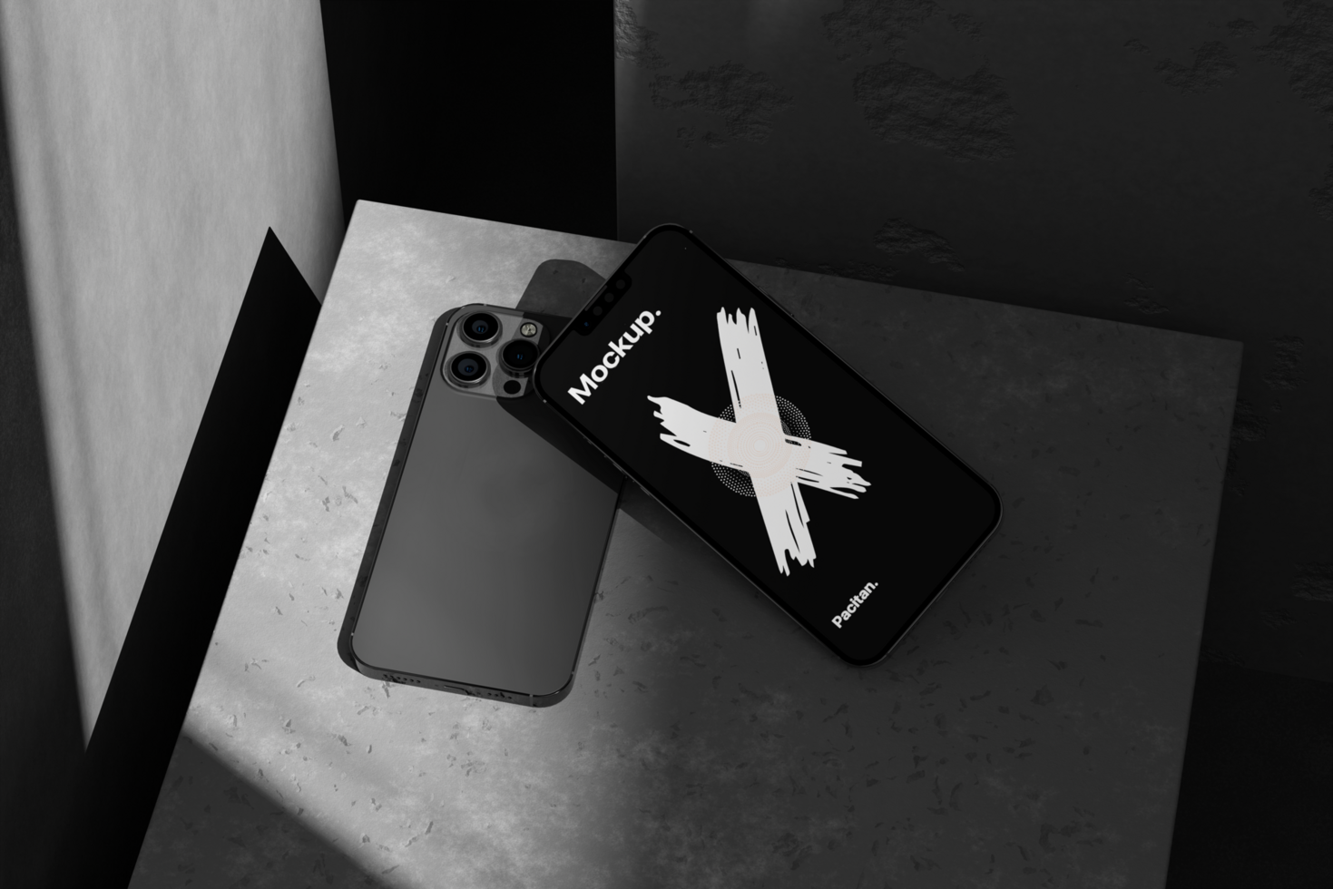 Mobile phone mockup with shadow and dark background psd