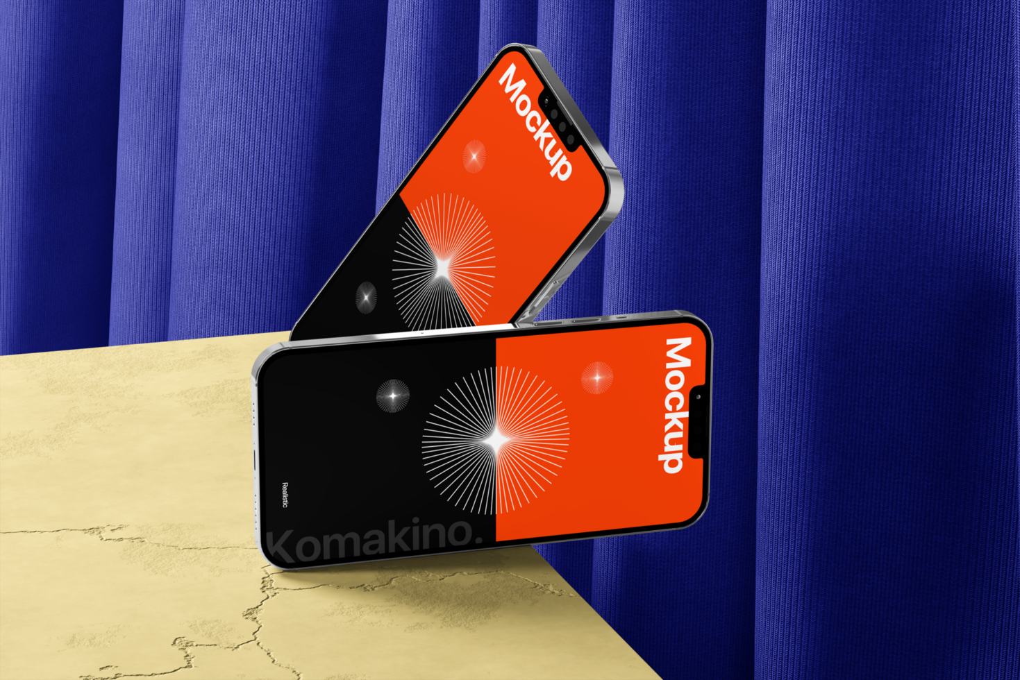 Mobile mockup with wall and curtains background psd