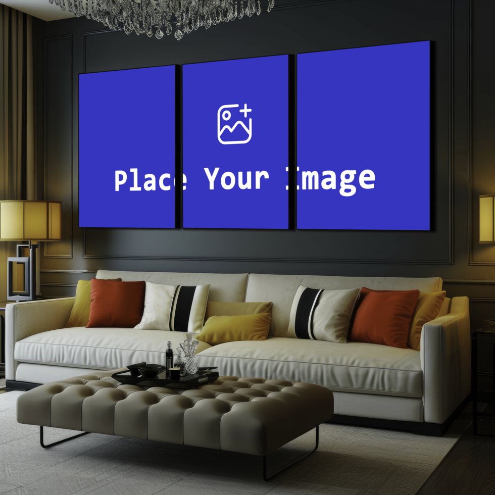 modern living room with wall photo frame mockup and sofa psd