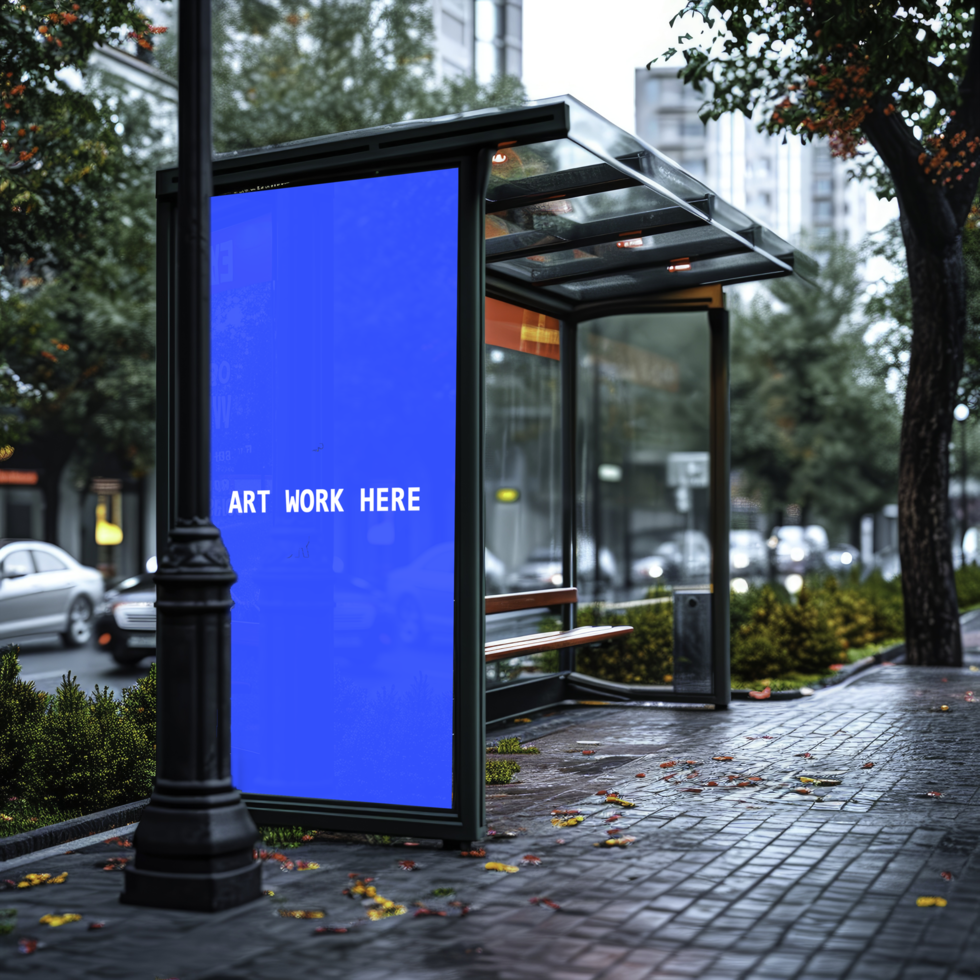 bus stop with a commercial sign on it templet psd