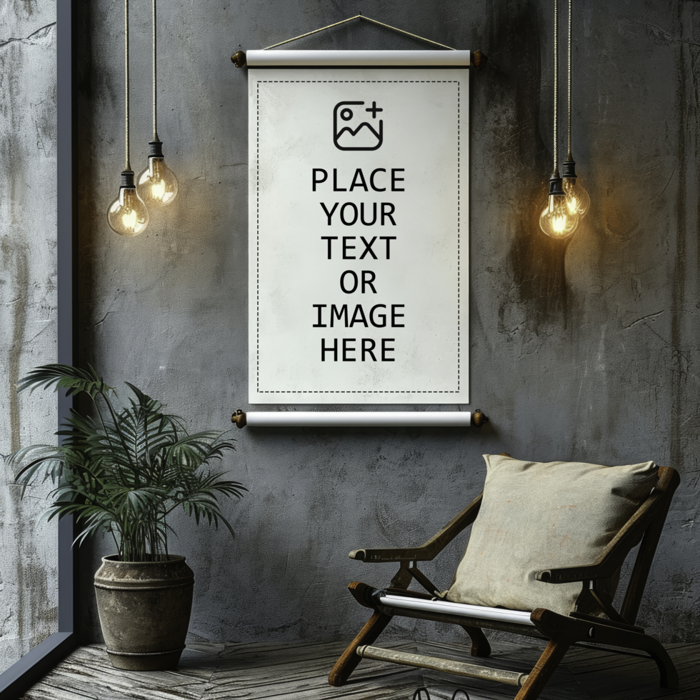 mockup of a hanging scroll banner in a room templet psd