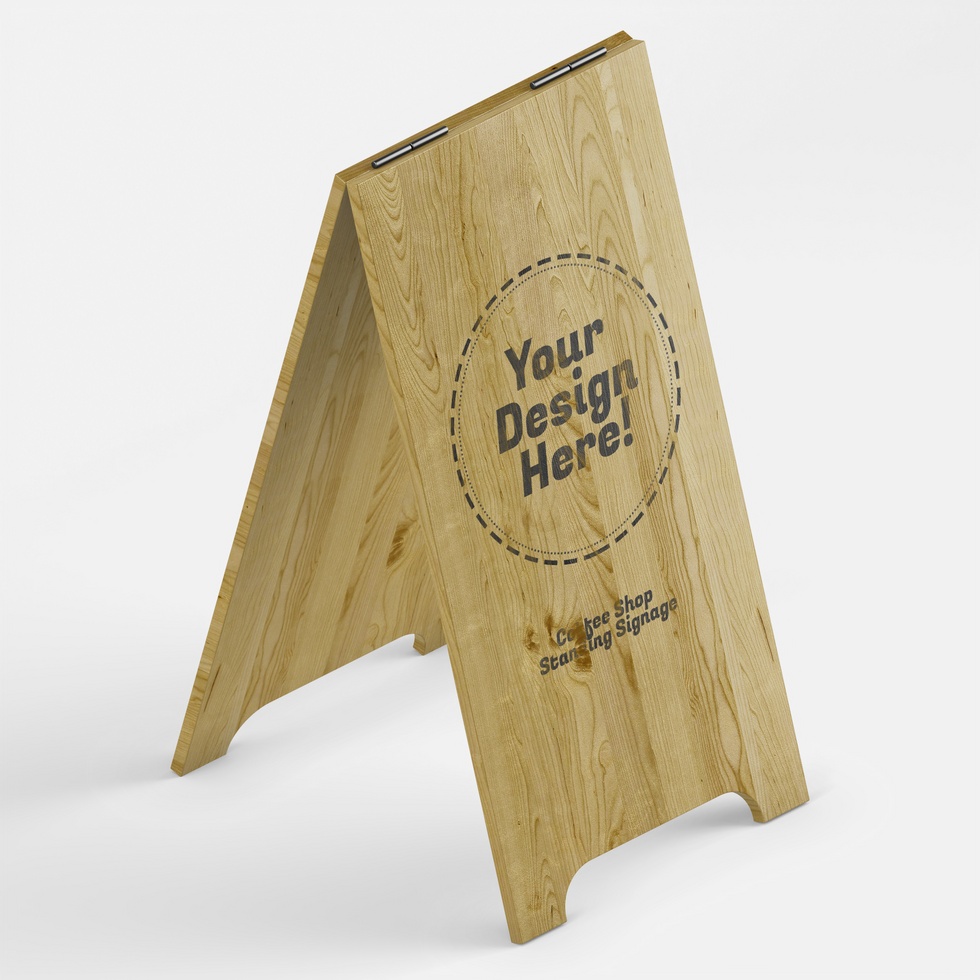 wooden long cafe sidewalk sign board display in standing position realistic logo brand mockup design template psd