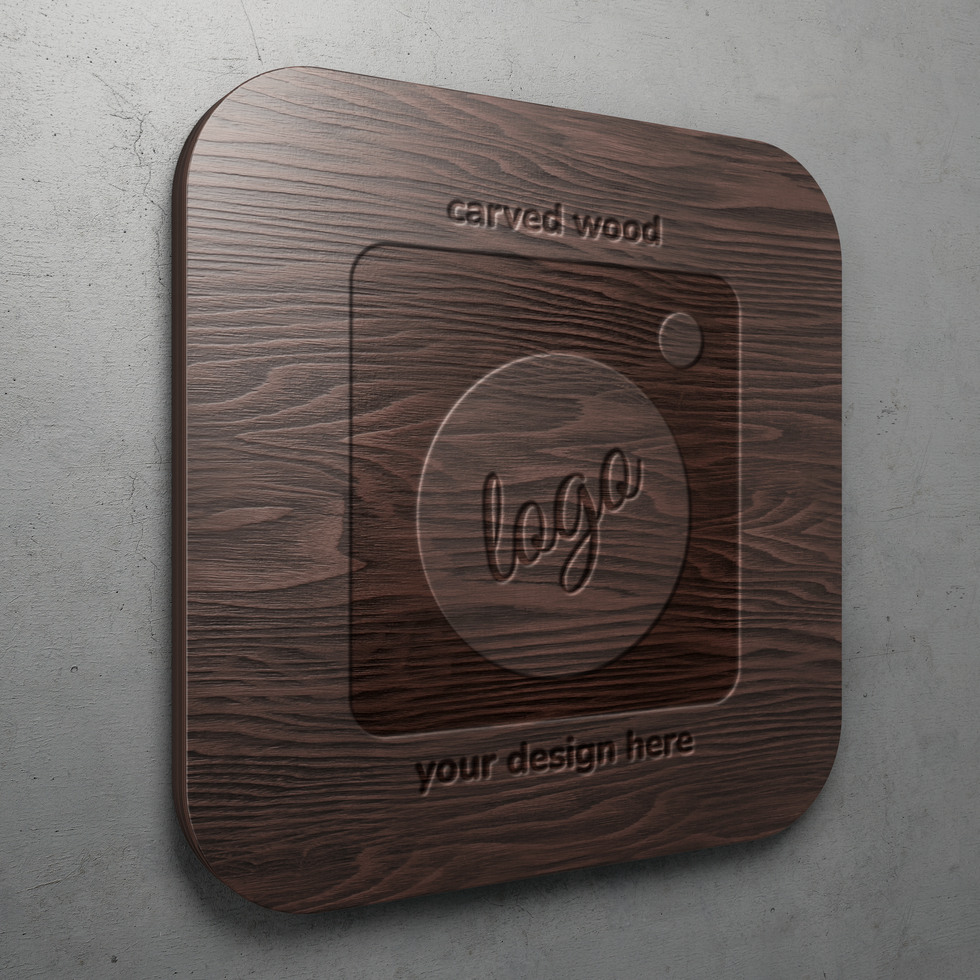 dark walnut wood rounded square shape signage board for logo mockup hanging on concrete wall vintage urban style interior 3d rendering illustration psd