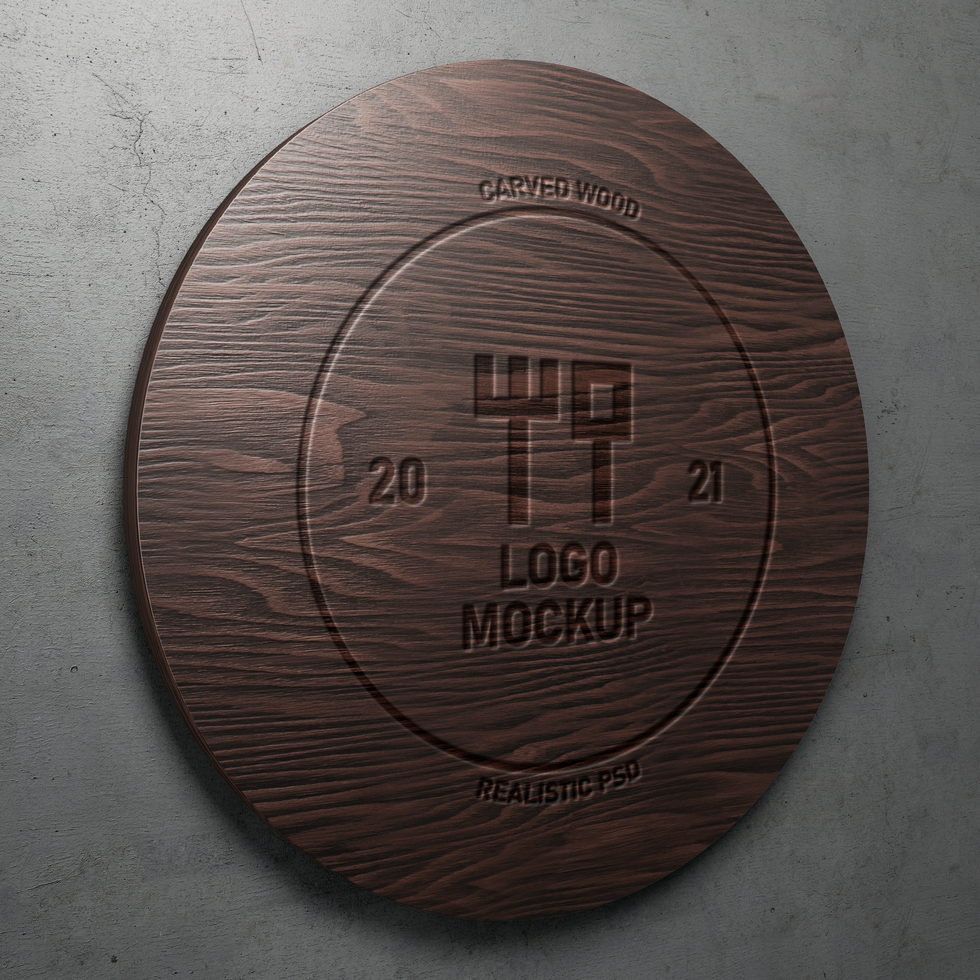 dark colored wood circle shape sign board for logo mockup hanging on concrete wall vintage urban style interior 3d rendering illustration psd