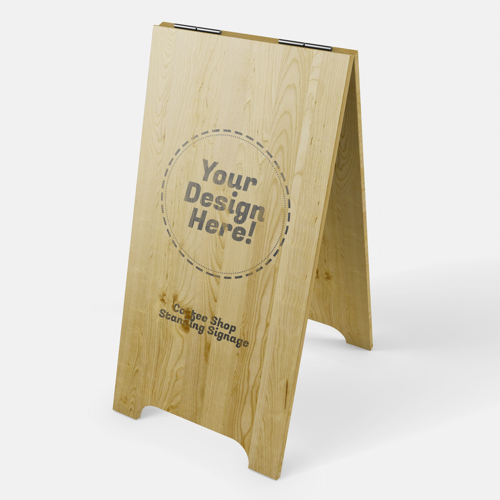 wooden long cafe sidewalk sign board display in standing position realistic logo brand mockup design template psd