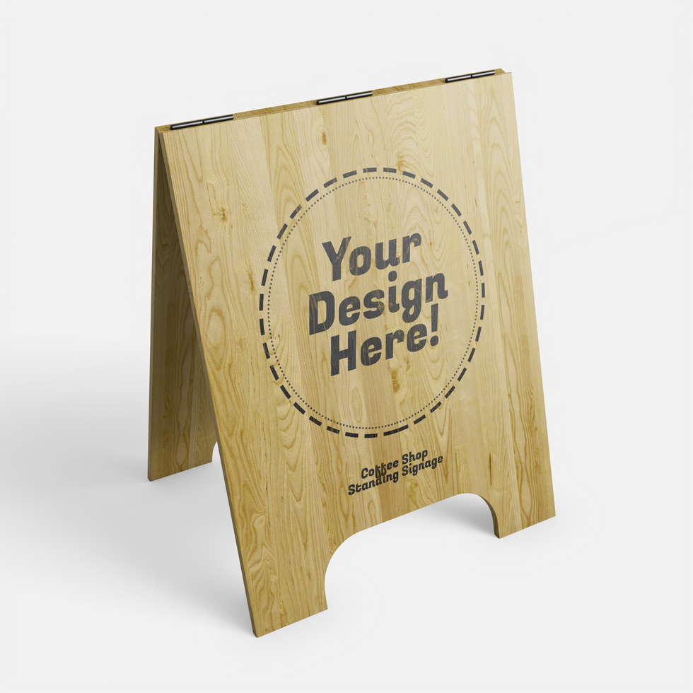wooden short cafe sidewalk sign board display in standing position realistic logo brand mockup design template psd