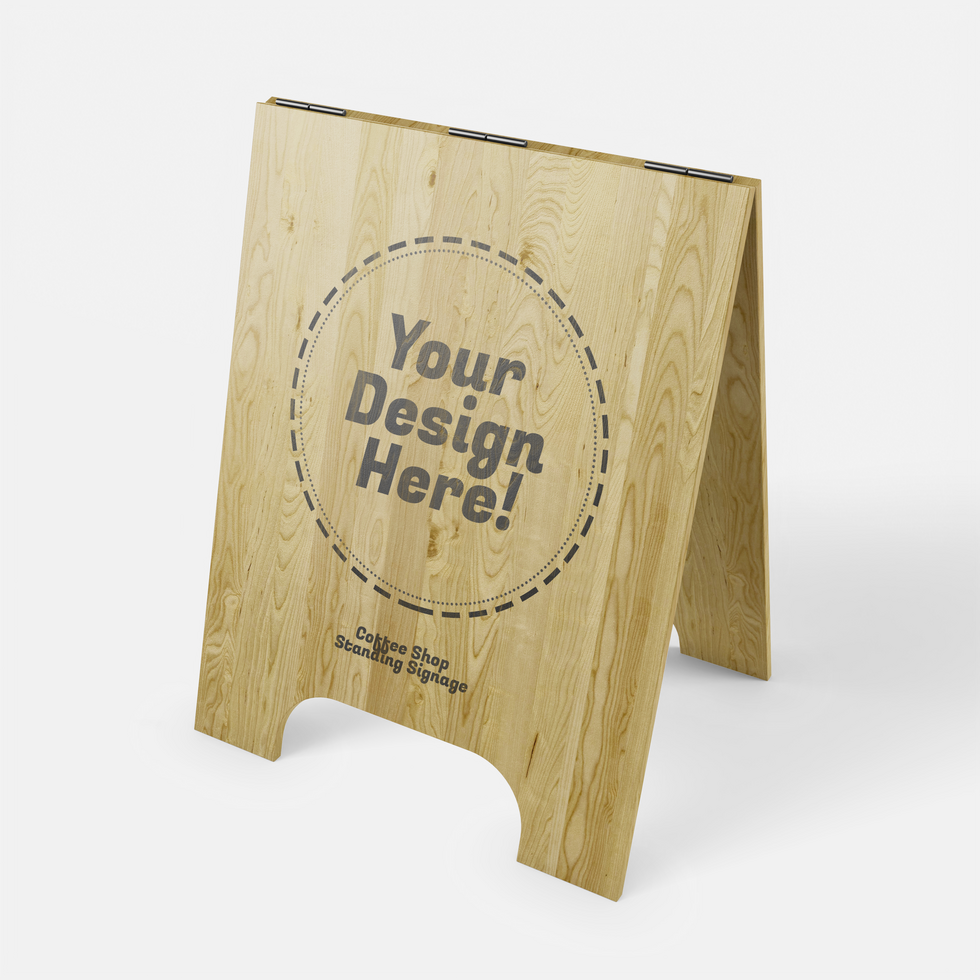wooden short cafe sidewalk sign board display in standing position realistic logo brand mockup design template psd