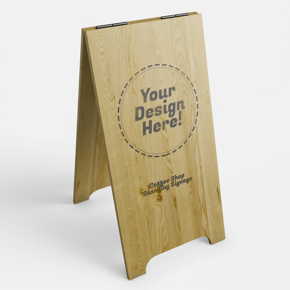 wooden long cafe sidewalk sign board display in standing position realistic logo brand mockup design template psd