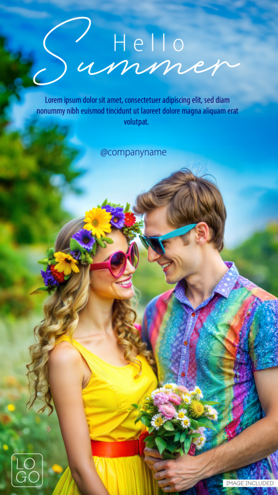 A happy couple wearing colorful summer attire embrace outdoors, poster design psd