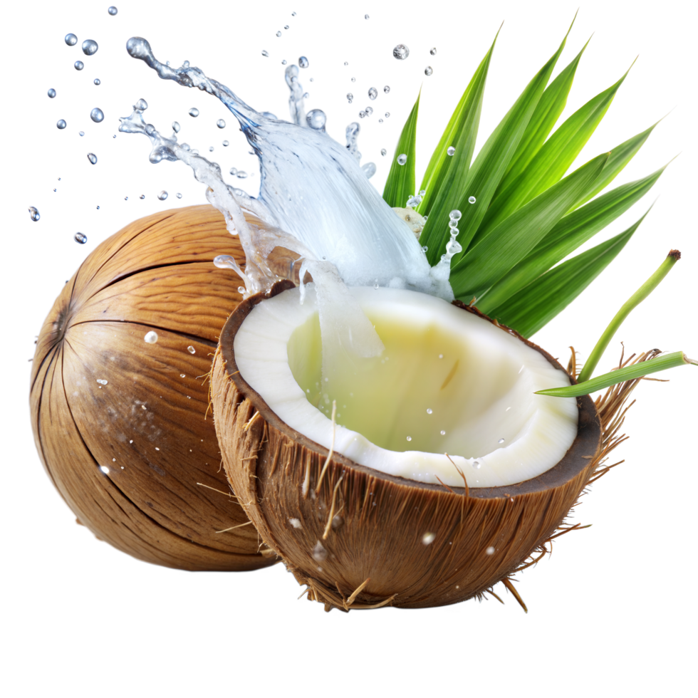 Coconut halves with water splash and greenery psd