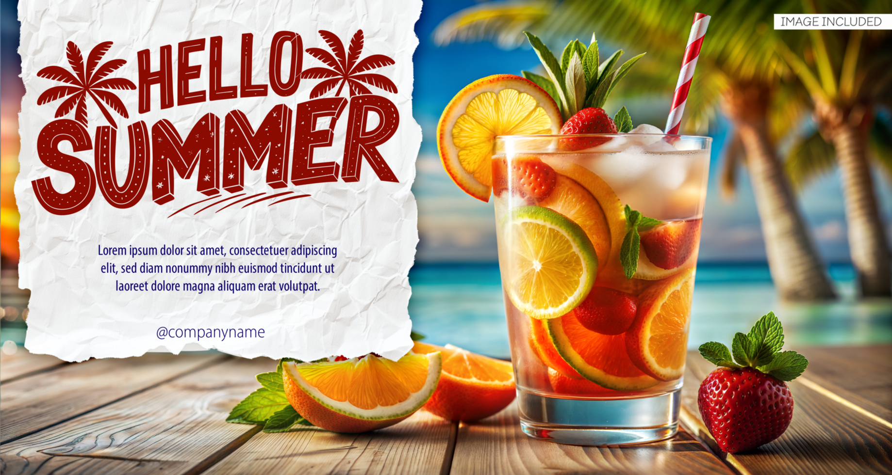 A bright summer poster with a fruit cocktail, beach backdrop, and Hello Summer text psd