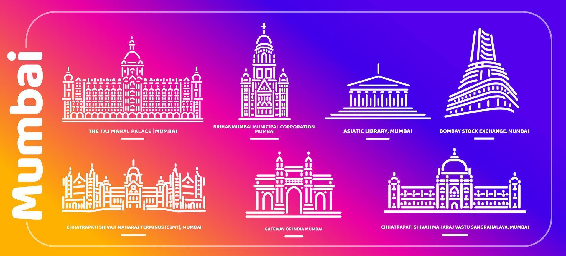 Mumbai monuments building illustration set of icons. vector