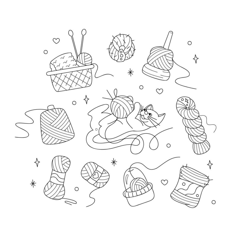 Set with cute cat, balls of yarn and containers. Doodle outline black and white illustration. vector