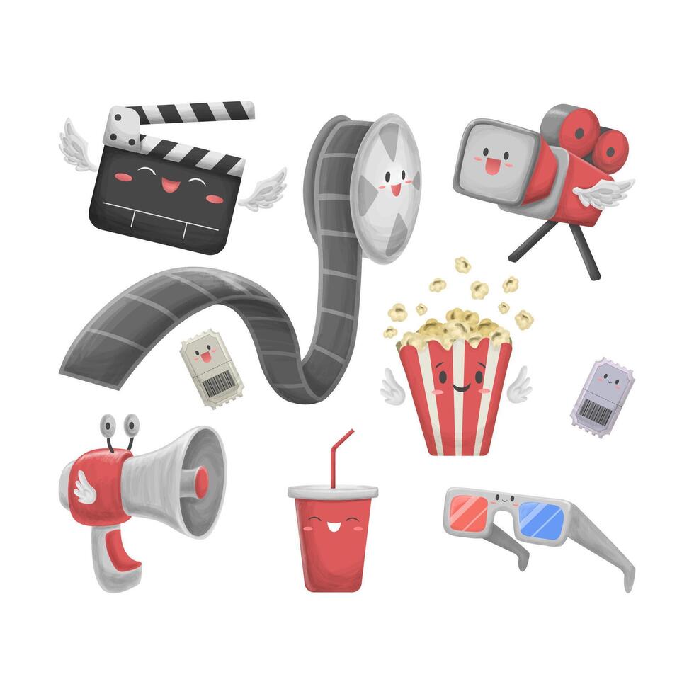 Cute Cinema Movie Ornament Hand Drawn Illustration Set Isolated on White Background vector