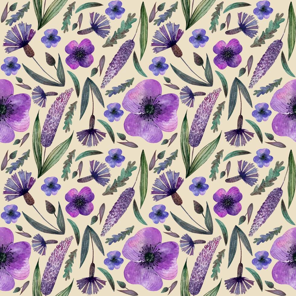 Seamless pattern meadow lilac flowers and herbs, cornflowers, lilac pattern on beige background vector