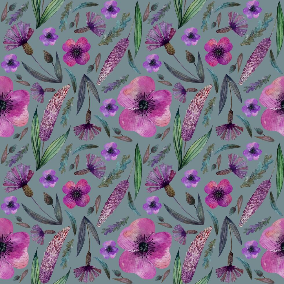 Seamless pattern meadow pink lilac flowers and herbs, cornflowers, on gray blue background vector