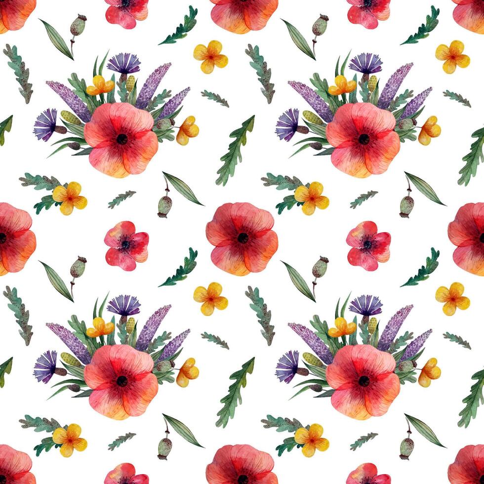 seamless pattern wild meadow flowers poppy cornflower and herbs on a white background vector