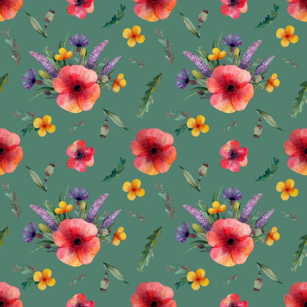 Seamless pattern with red poppy and lilac cornflowers flowers yellow flowers and herbs on a green background vector