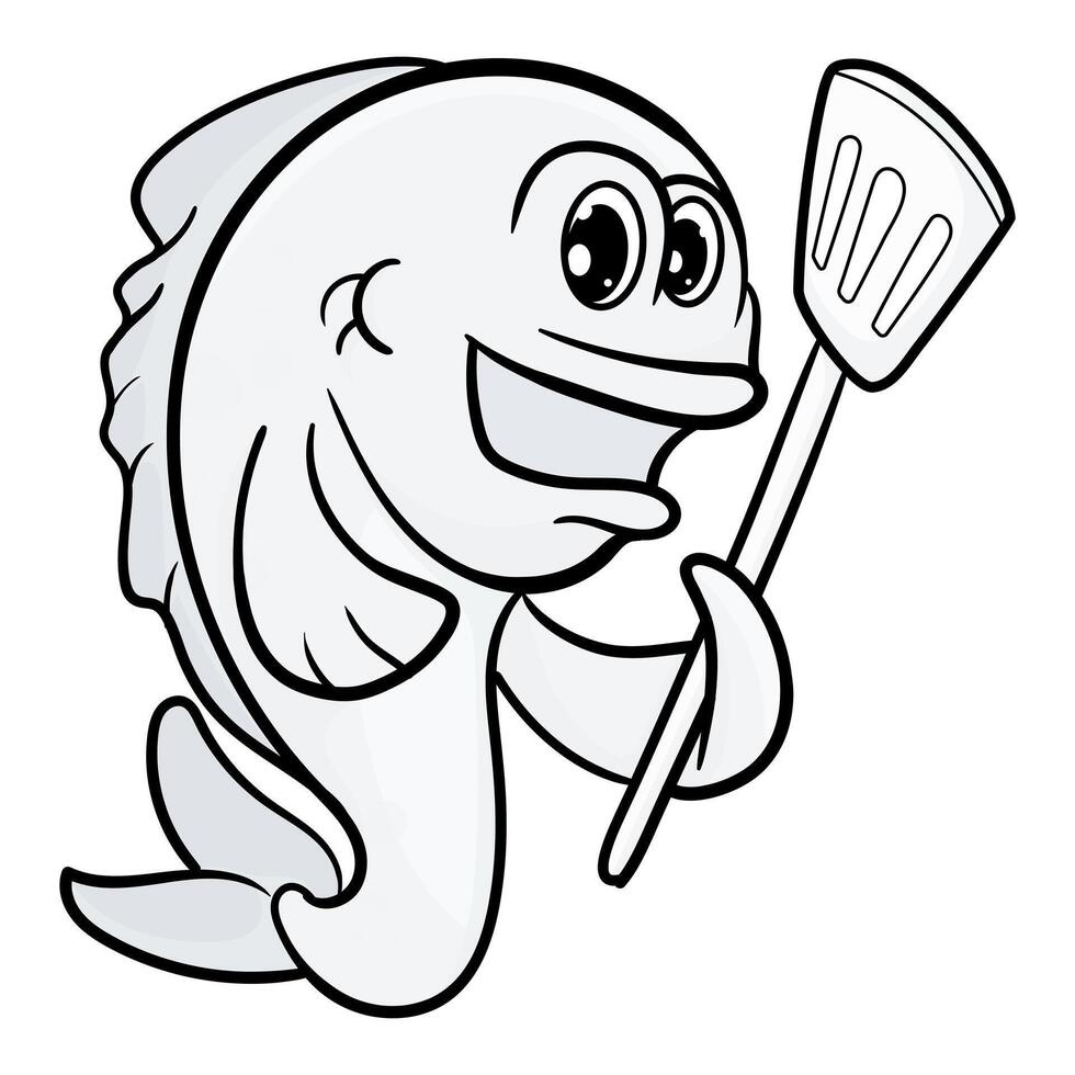 Cute Fish Line Cartoon Illustration. Animal Food Icon Concept Isolated. Flat Cartoon Style coloring page vector