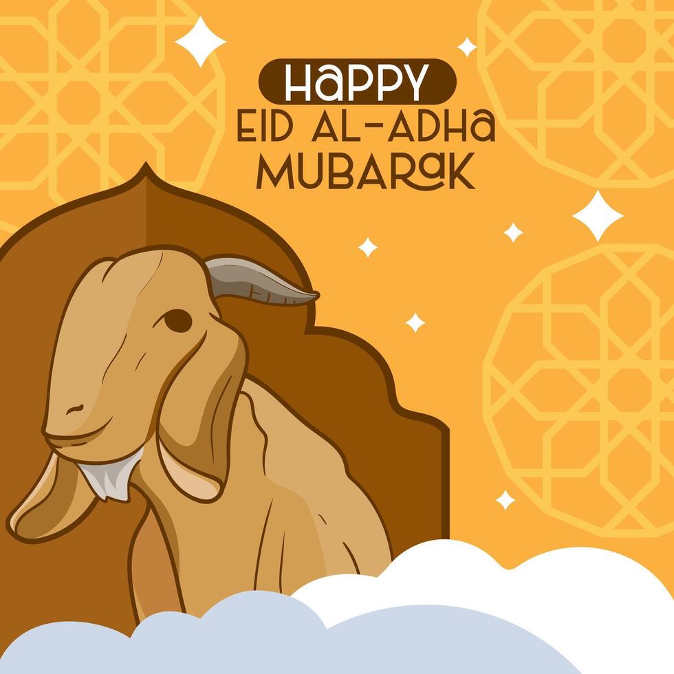 Eid al adha mubarak greeting card with Cow, goat and lamb Poster banner illustration graphic design. The image is of a happy Eid al-Adha celebration vector