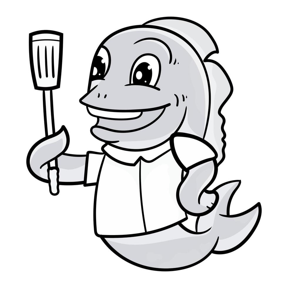 Cute Fish Line Cartoon Illustration. Animal Food Icon Concept Isolated. Flat Cartoon Style coloring page vector