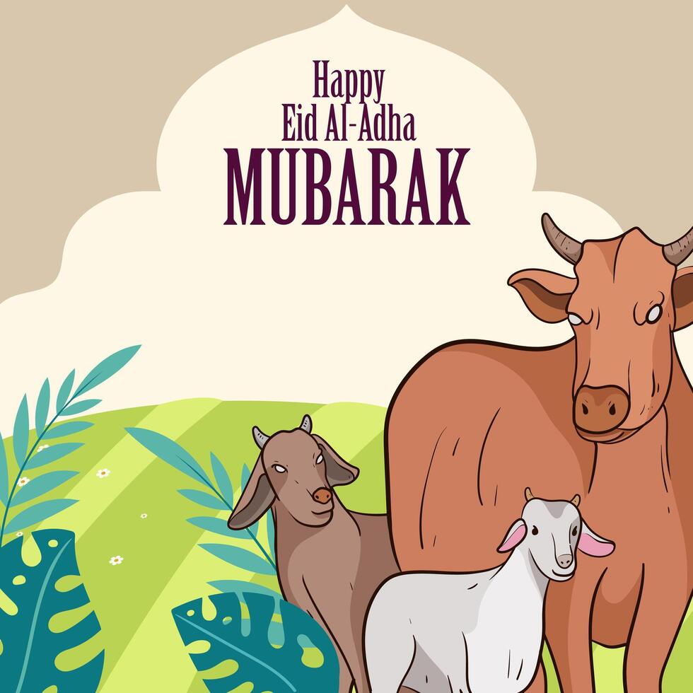 Eid al adha mubarak greeting card with Cow, goat and lamb Poster banner illustration graphic design. The image is of a happy Eid al-Adha celebration vector