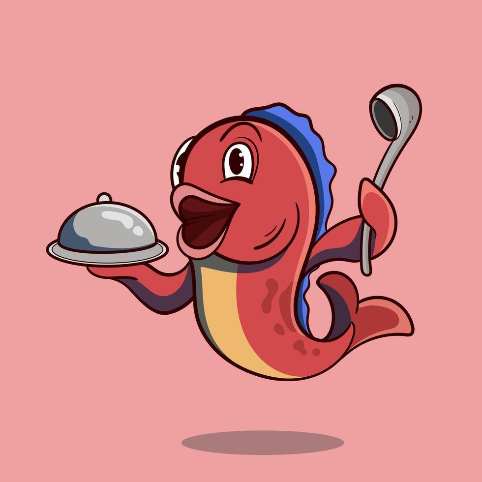 Chef fish mascot cartoon can be used as mascot or part of logo. Sea food logo design. vector