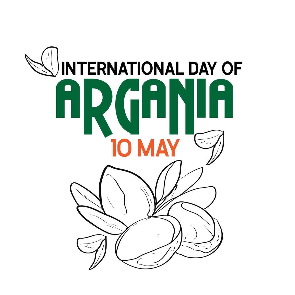 International day of argania celebration design with the argan oil. Hand drawing line Argan oil nuts with plant illustration. International Day of Argania celebration poster design vector