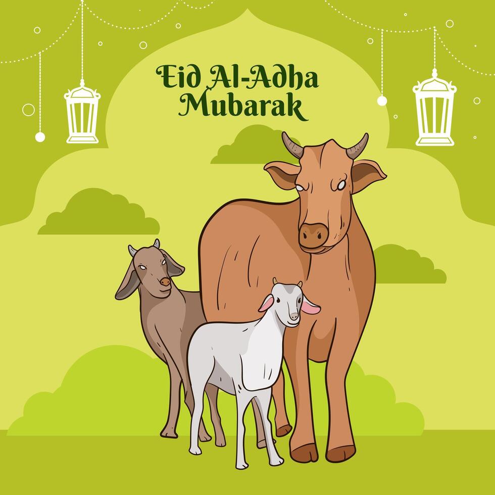 Eid al adha mubarak greeting card with Cow, goat and lamb Poster banner illustration graphic design. The image is of a happy Eid al-Adha celebration vector