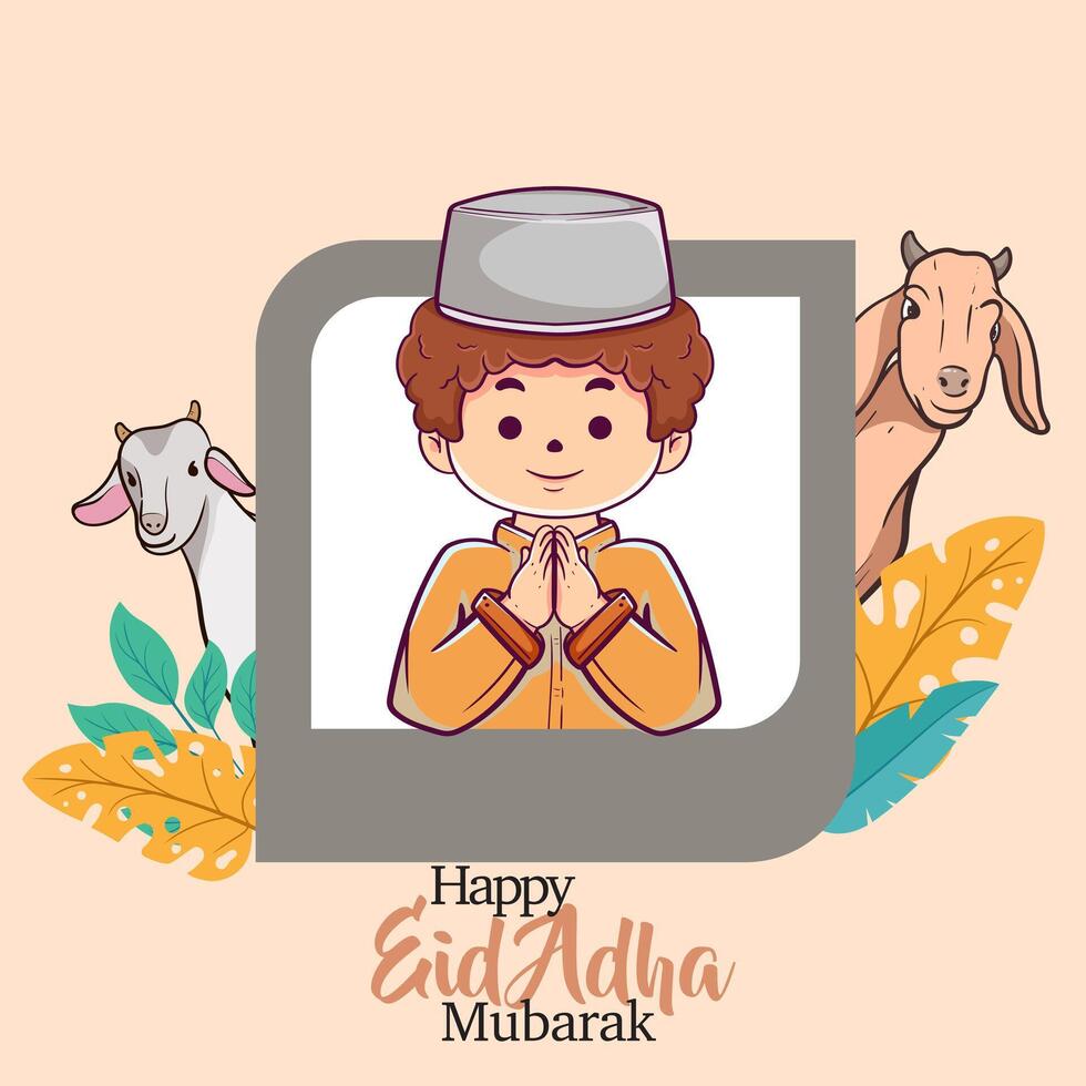 illustration of Eid al-Adha featuring Muslim people and sacrificial animals such as sheep and cows gathered around, with mosques in the background. Perfect for card, banner, web, vector