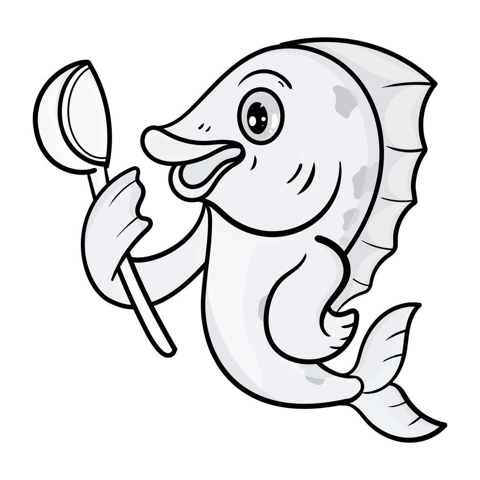 Cute Fish Line Cartoon Illustration. Animal Food Icon Concept Isolated. Flat Cartoon Style coloring page vector