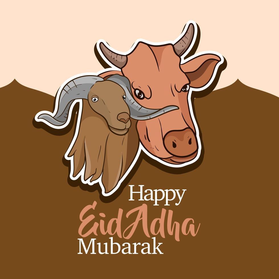 Eid al adha mubarak greeting card with Cow, goat and lamb Poster banner illustration graphic design. The image is of a happy Eid al-Adha celebration vector