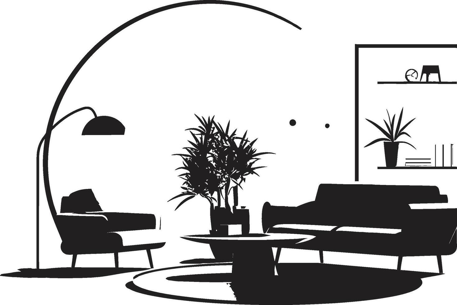 monocromo santuario emblemas ilustrar el moderno encanto de casa interiores en elegante negro urbano retirada pulcro negro s iluminar el moderno comodidades dentro casa interiores vector