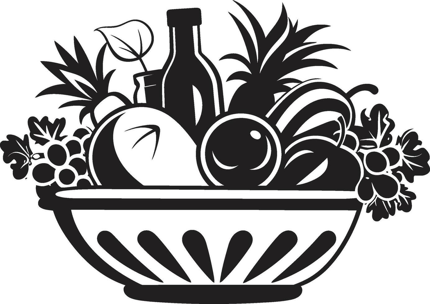 Nourishment Elegance Chic Black s Portray the Nutritional Brilliance of a Fruit Basket Vitality Unleashed Emblems Illuminate the Vibrancy of a Nutritional Fruit Basket in Bold Black vector