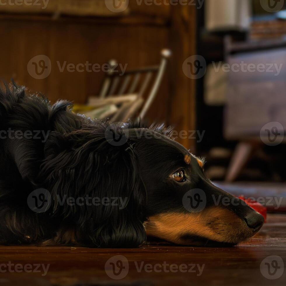 Contemplative Canine Resting Dog on Wooden Floor photo