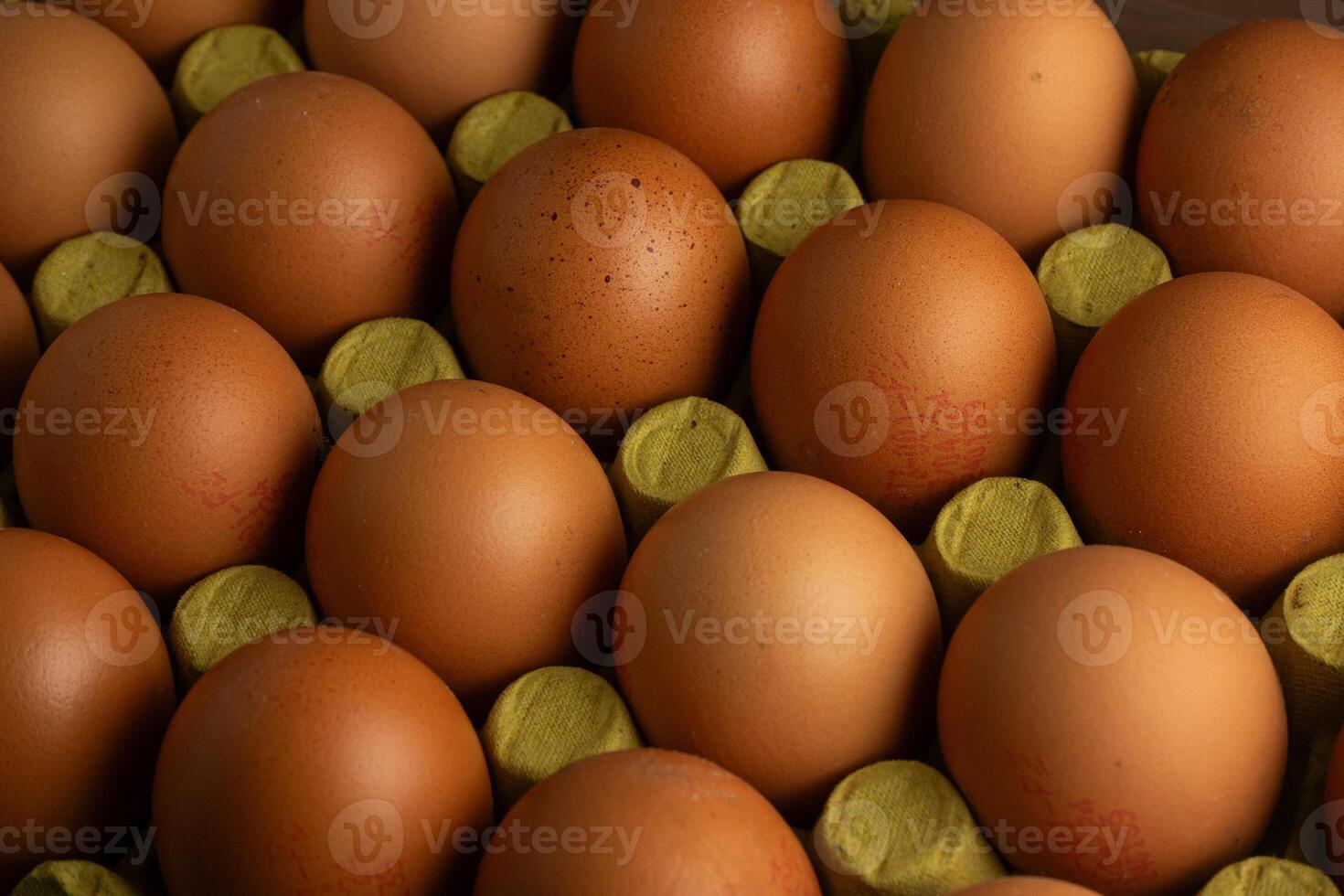 A neatly arranged row of brown chicken eggs in a cardboard carton. The eggs are evenly spaced, highlighting their uniformity. The soft light casts gentle shadows, creating a warm, inviting atmosphere. photo