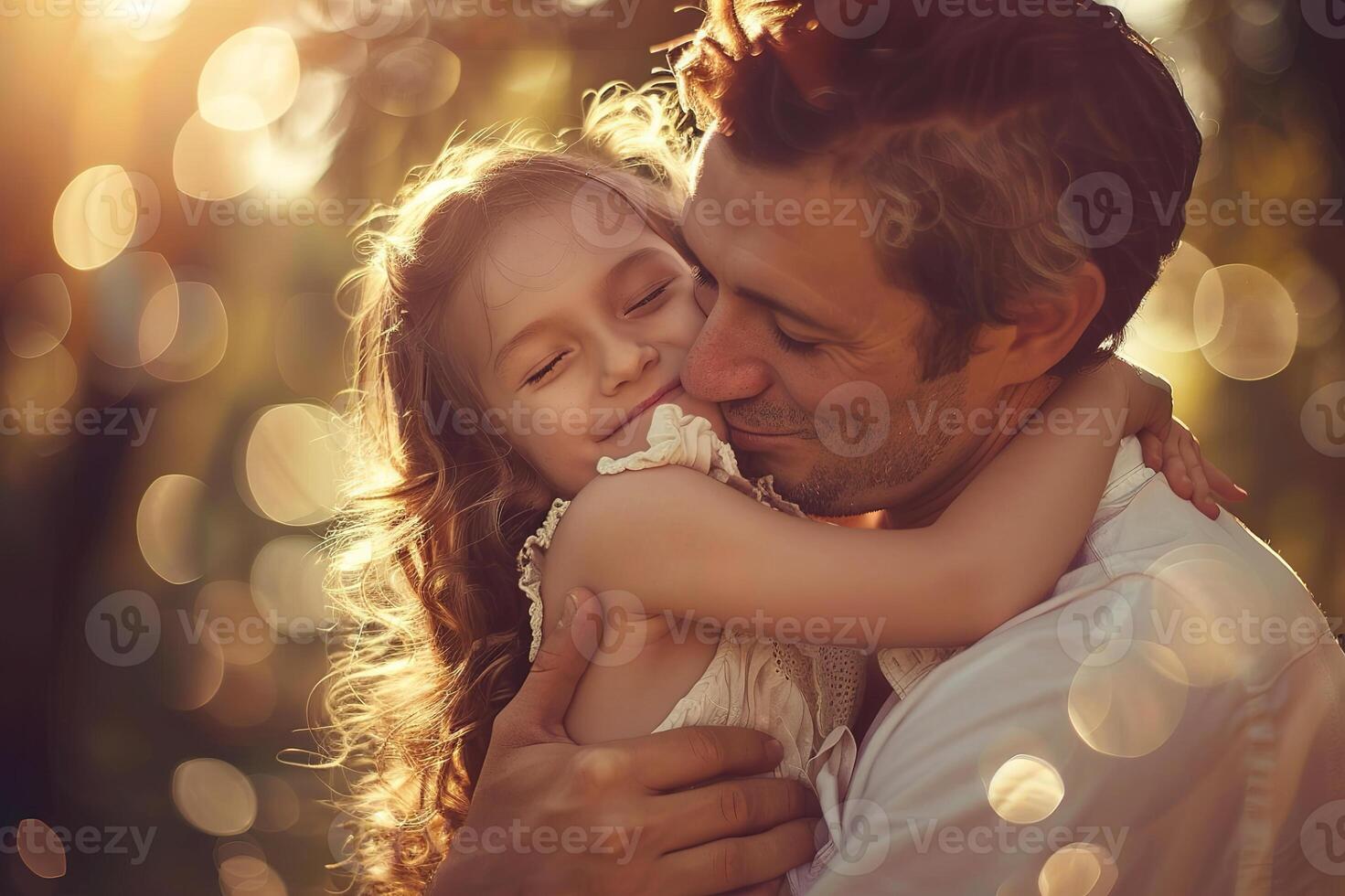 A little girl hugging her father in nature on Father's Day. photo