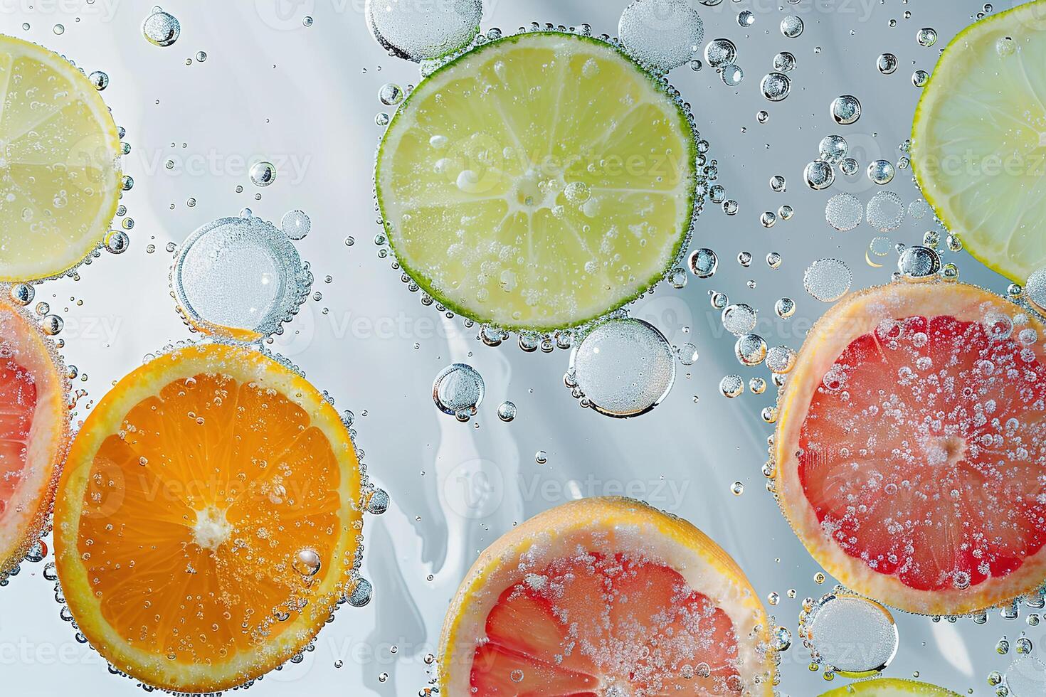 Carbonated drink and fruit slices of lemon, lime and orange floating in it. Summertime background. photo