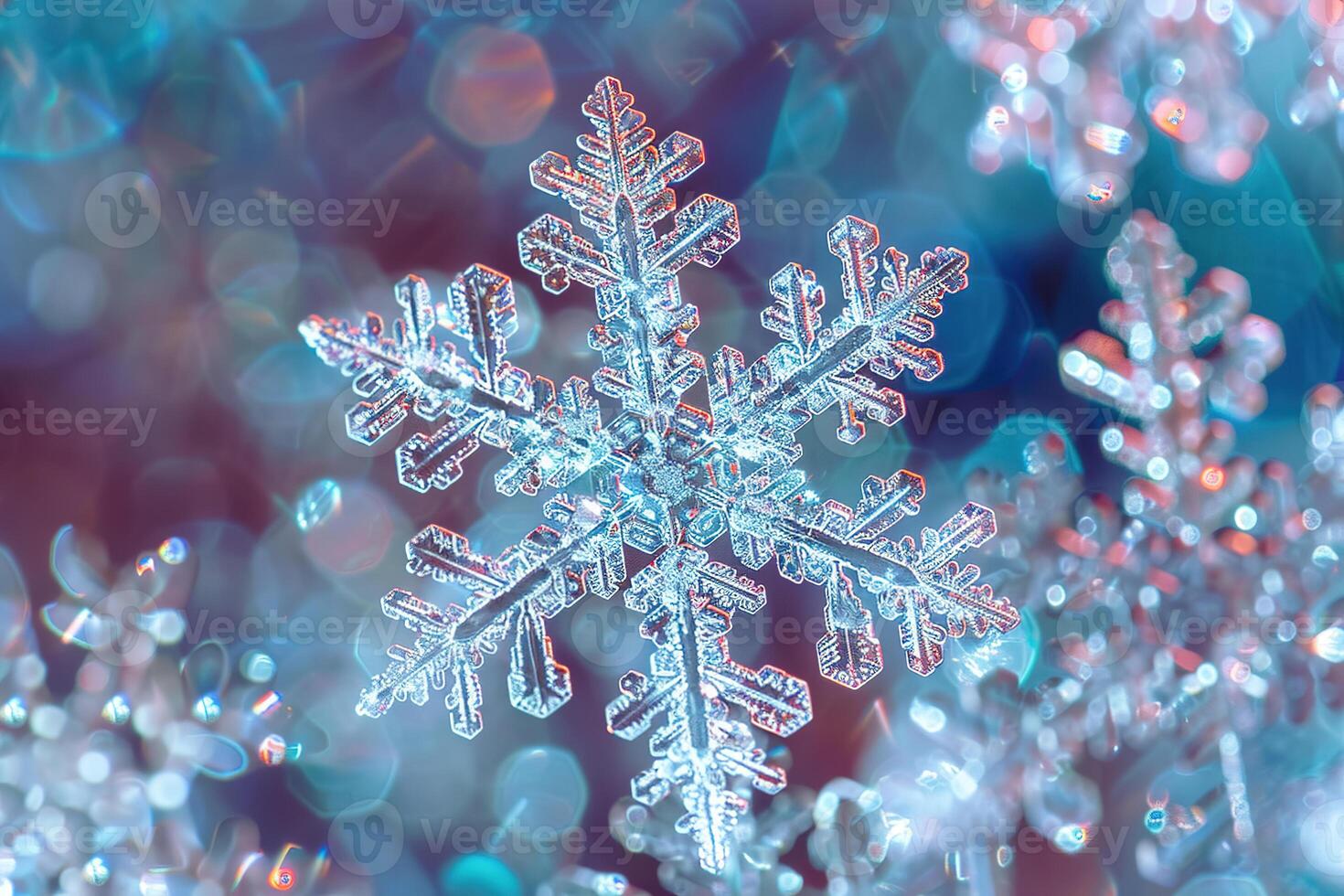 A snowflake under a microscope in the shape of a six-pointed star. photo