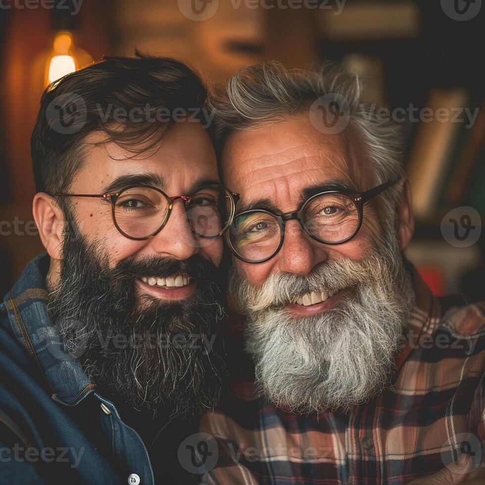 Smiling hipster son hugging elderly father with beard. Two generations of men enjoy meeting on Father's Day. photo