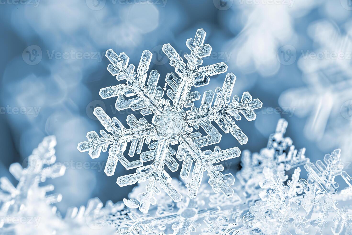 A snowflake under a microscope in the shape of a six-pointed star. photo